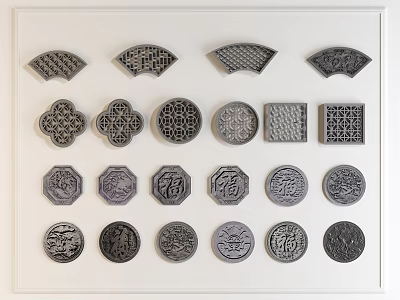 Carved Window Grilles With Various Intricate Patterns Displayed In White Frame Design 3d model