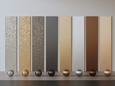Decorative Wall Panels With Various Textures And Colors Displayed In Row With Metal Balls 3d model