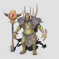 Green Skinned Orc Game Movie Character With Armored Body Staff Eye Decoration And Horns