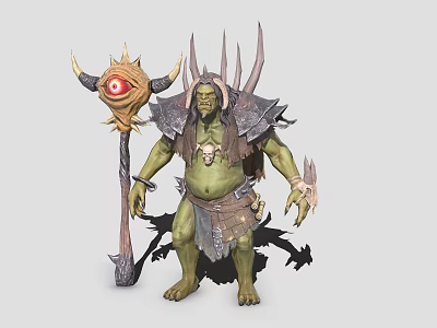 Green Skinned Orc Game Movie Character With Armored Body Staff Eye Decoration And Horns 3d model