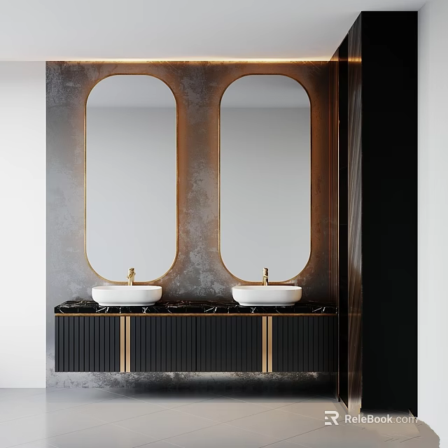Modern Double Washbasin Vanity With Oval Mirrors Gold Accents And Black Cabinet 3d model 