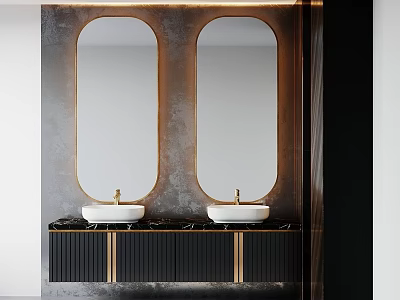 Modern Double Washbasin Vanity With Oval Mirrors Gold Accents And Black Cabinet 3d model
