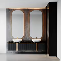 Modern Double Washbasin Vanity With Oval Mirrors Gold Accents And Black Cabinet