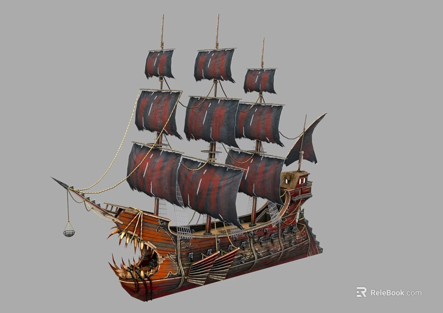 Vintage Wooden Sailing Ship with Red and Black Sails and Carved Dragon Head Bow 3d model 