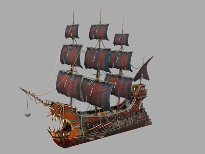 Vintage Wooden Sailing Ship with Red and Black Sails and Carved Dragon Head Bow 3d model