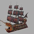 Vintage Wooden Sailing Ship with Red and Black Sails and Carved Dragon Head Bow