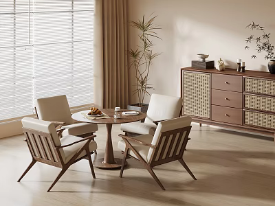 Modern Dining Table With Four Wooden Chairs And Cabinet Near Window With Blinds And Plants 3d model