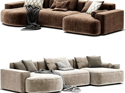 Brown and Beige Velvet Sectional Sofa with Decorative Pillows and Soft Blanket for Living Room 3d model
