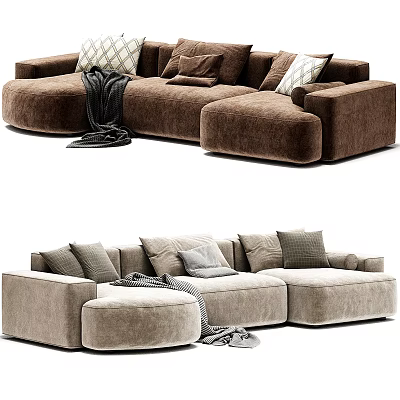 Brown and Beige Velvet Sectional Sofa with Decorative Pillows and Soft Blanket for Living Room 3d model