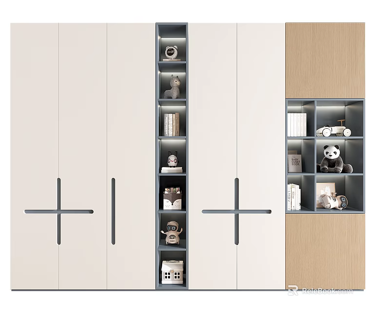 Modern Wardrobe Interior With White Wooden Finish Cross Handle And Open Shelves For Storage 3d model 