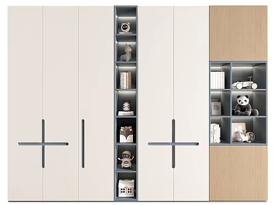 Modern Wardrobe Interior With White Wooden Finish Cross Handle And Open Shelves For Storage 3d model