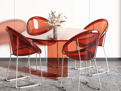 Modern Transparent Dining Table with Red Acrylic Chairs and Metal Legs Featuring Decorative Vase 3d model