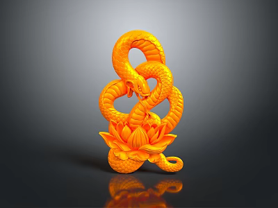 Detailed Vibrant Orange Snake Coiled Around Lotus Flower Artistic Reptile Sculpture 3d model