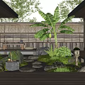 Serene Japanese Style Courtyard Garden With Wooden Seating Stone Path Fountain And Lush Green Plants
