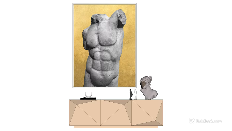 Gray Human Torso Sculpture Interior With Golden Background And Geometric Cabinet 3d model 