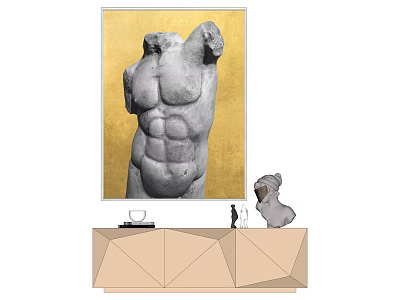 Gray Human Torso Sculpture Interior With Golden Background And Geometric Cabinet 3d model