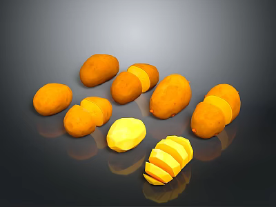 Fresh Yellow Potatoes Displayed As Whole And Sliced On Black Background 3d model