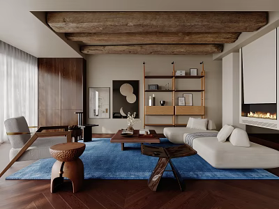 Spacious Living Room Interior With Wooden Beams White Sofa Blue Rug Shelves And Fireplace 3d model