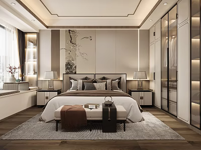 Modern Bedroom Interior Design With Bed Nightstands Table Lamps Bench Wardrobes And Decorative Painting 3d model