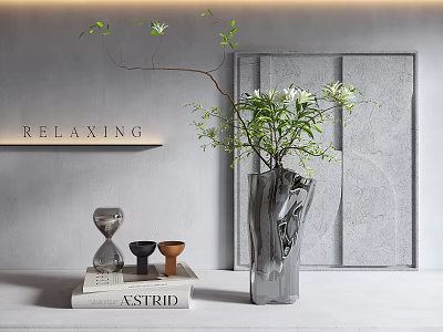 Minimalist Decorative Ornament Set with Gray Vase White Lilies Hourglass ASTRID Books and RELAXING Sign 3d model