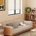 Light Gray Two Seater Sofa With Pillows Wooden Side Table And Green Plant