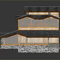 Traditional Wooden Building With Multi Layered Curved Roof And Stone Base Design
