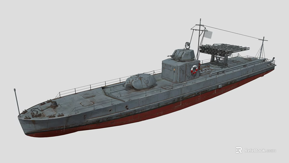 Military Warship With Gray Hull Red Bottom And Deck Weapon Systems 3d model