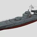 Military Warship With Gray Hull Red Bottom And Deck Weapon Systems 3d model