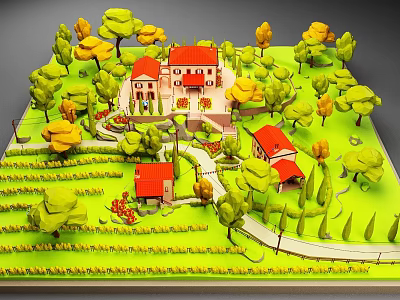 3D Rural Landscape Model With Red Roof Houses Green Trees And Pathways 3d model