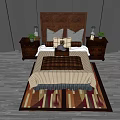 Double Bed with Brown Upholstered Headboard Striped Plaid Bedding Nightstands Green Plants and Geometric Rug