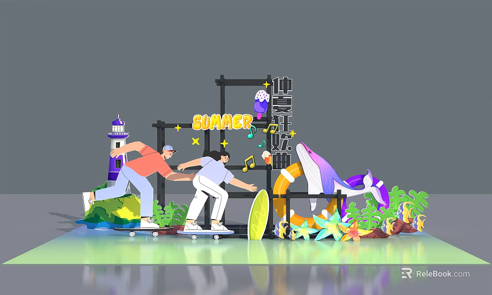 Vibrant Surf Themed Scene With Skateboarding People Lighthouse Dolphin And Palm Trees 3d model 