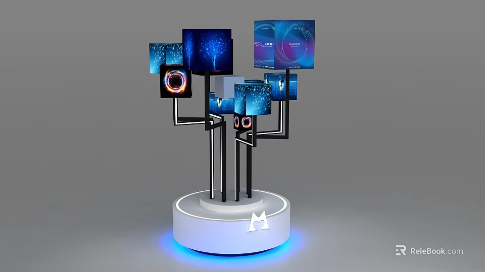 Multiple Computer Monitors Display Setup With Various Screens White Circular Base And Blue Lighting 3d model 