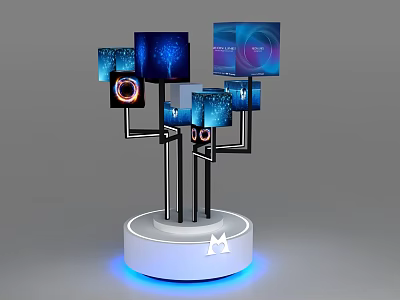 Multiple Computer Monitors Display Setup With Various Screens White Circular Base And Blue Lighting 3d model