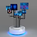 Multiple Computer Monitors Display Setup With Various Screens White Circular Base And Blue Lighting