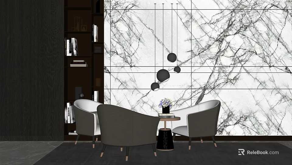 Modern Leisure Sofa Set with Grey and White Chairs Coffee Table and Marble Wall 3d model 
