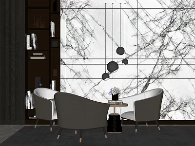 Modern Leisure Sofa Set with Grey and White Chairs Coffee Table and Marble Wall 3d model