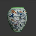 Ceramic Vase Sculpture Carving with Blue Red Birds and Plants Design
