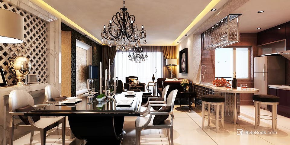 Elegant Modern Dining Living Room Interior With Chandelier Dining Table Sofa And Window 3d model 