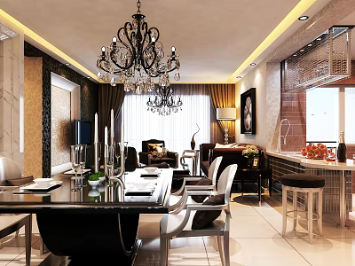 Elegant Modern Dining Living Room Interior With Chandelier Dining Table Sofa And Window 3d model