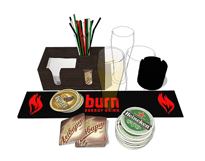 Energizing Burn Energy Drink And Alcohol Free Heineken Beer With Flame Bar Mat Cups Straws 3d model