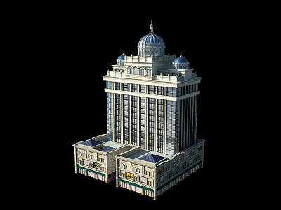 Classical Multi Story Hotel Building With Domed Roof And Decorative Facade Windows 3d model
