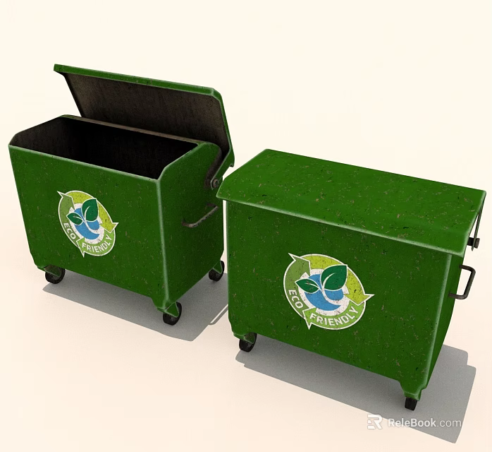 Green Recycle Bins With Logo Wheels And Open Lid For Waste Management 3d model 