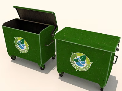 Green Recycle Bins With Logo Wheels And Open Lid For Waste Management 3d model