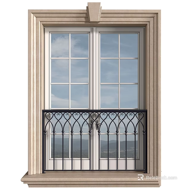 Double Casement Window With Decorative Black Iron Railing And Outdoor Sky View Frame 3d model 