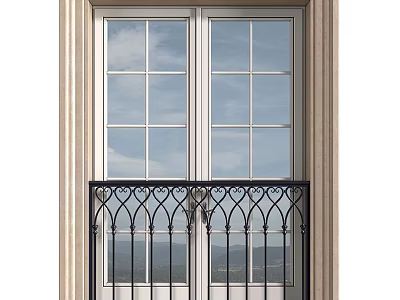 Double Casement Window With Decorative Black Iron Railing And Outdoor Sky View Frame 3d model