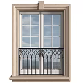 Double Casement Window With Decorative Black Iron Railing And Outdoor Sky View Frame
