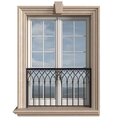 Double Casement Window With Decorative Black Iron Railing And Outdoor Sky View Frame 3d model