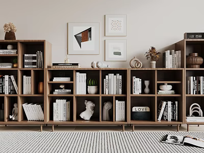 Wooden Bookshelf Home Interior With Books Decorative Sculptures Potted Plant And Wall Art 3d model