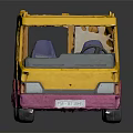 Yellow and Pink Toy Bus with Blue Wave Patterns Red Sun Design and Blue Seats