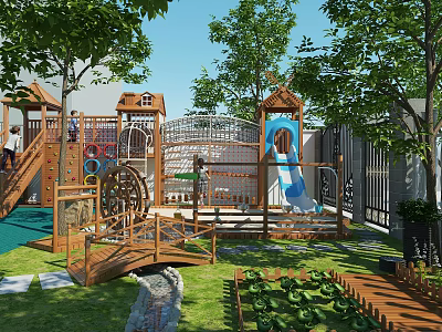 Outdoor Children's Playground With Wooden Climbing Frames Slide Bridge Trees And Green Grass For Kids 3d model